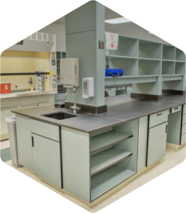  Lab bench space with storage and sink, chemical fume hood for biotech companies  