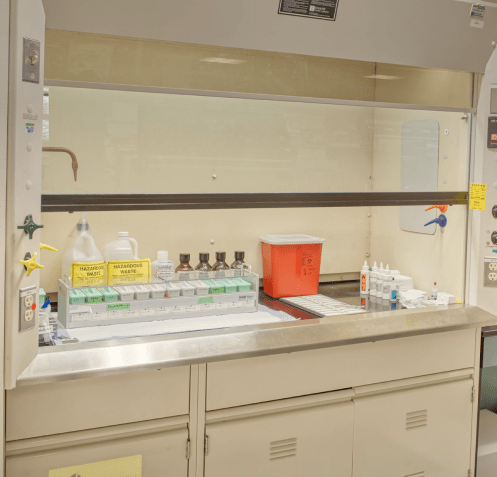 Chemical fume hood histology prep area, lab supplies